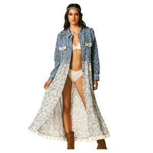 POL Maxi Length Duster Women's S Blue Floral Patchwork Distressed Festival‎ Boho